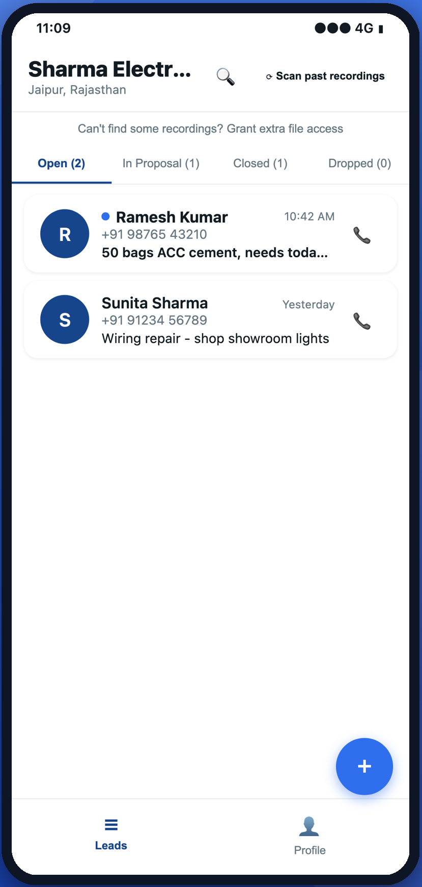 The RingKeeper leads list, showing customers automatically created from call recordings.
