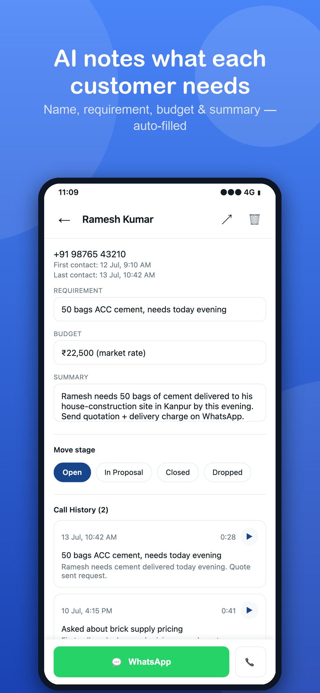 A customer's detail view: phone number, requirement, budget, AI summary and full call history.